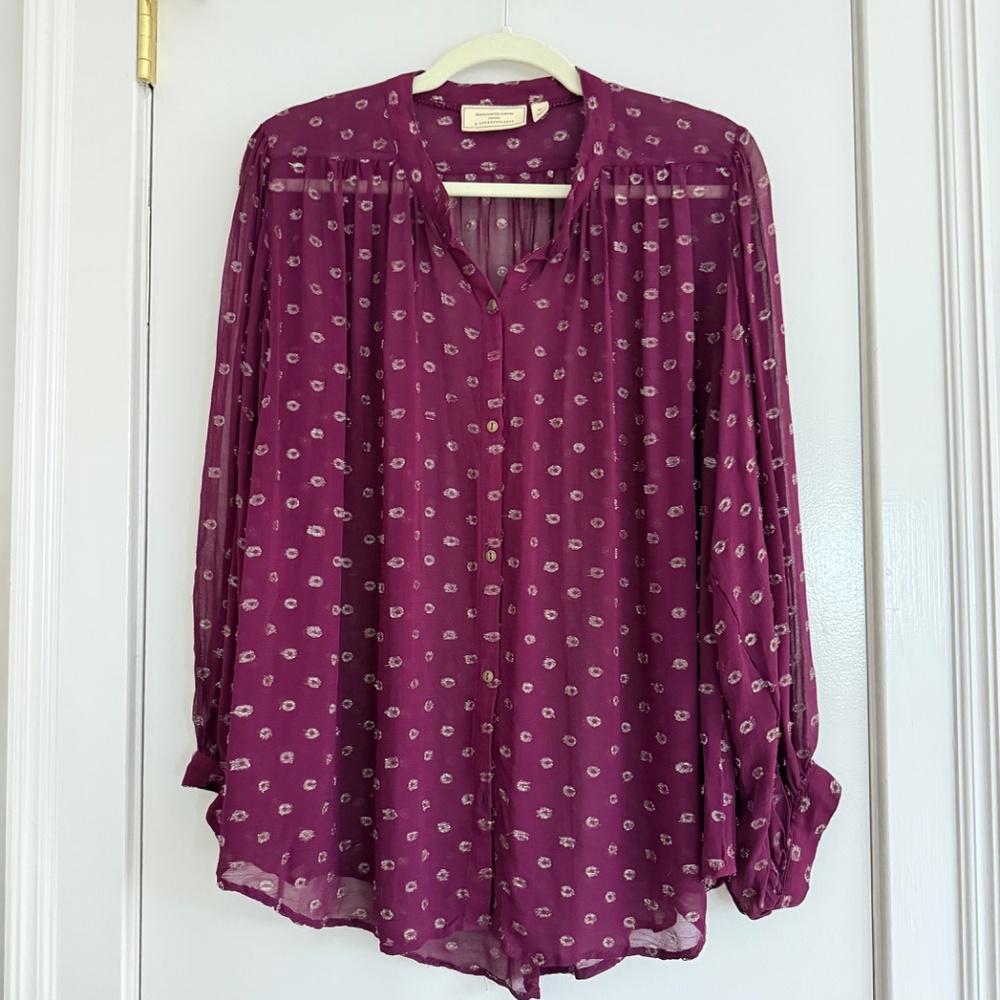 Anthropologie Moulinette Soeurs Allegra Gold Foil Blouse | Burgundy | XL